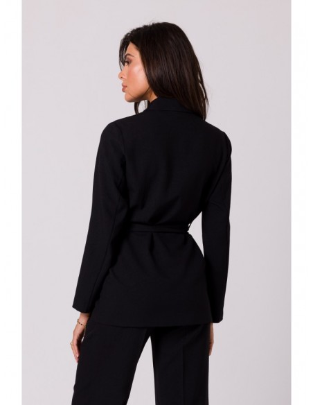 B253 Open front blazer with a tie belt - black