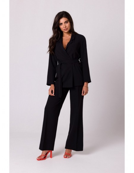 B253 Open front blazer with a tie belt - black