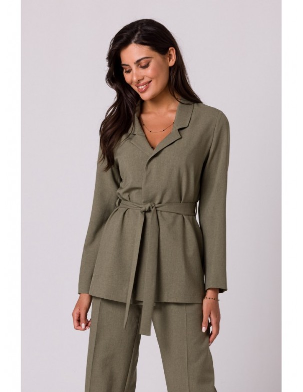 B253 Open front blazer with a tie belt - olive