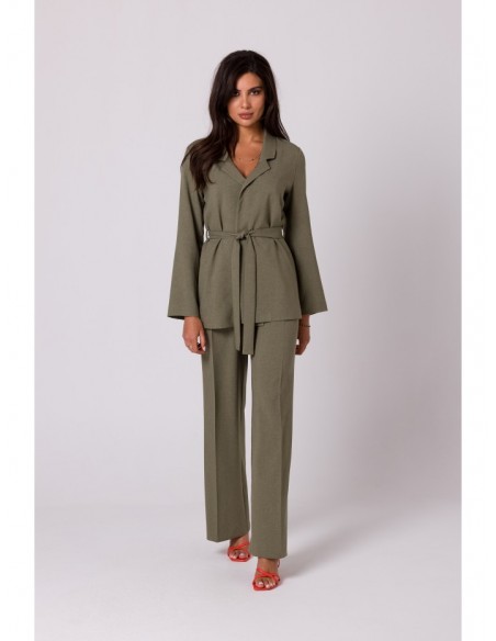 B253 Open front blazer with a tie belt - olive