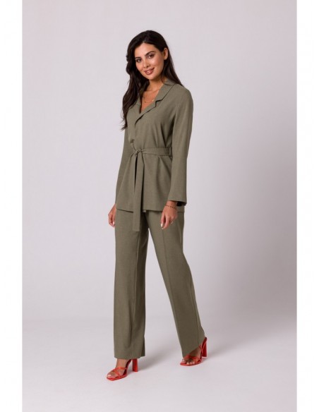 B253 Open front blazer with a tie belt - olive