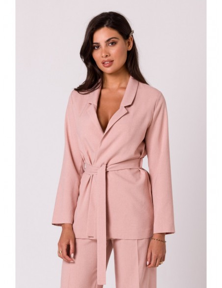 B253 Open front blazer with a tie belt - pink