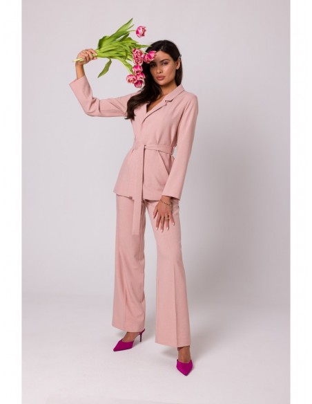 B253 Open front blazer with a tie belt - pink