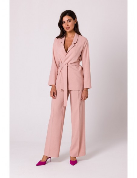 B253 Open front blazer with a tie belt - pink