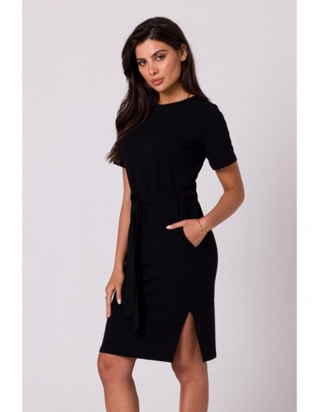 B263 Cotton dress with patch pockets - black