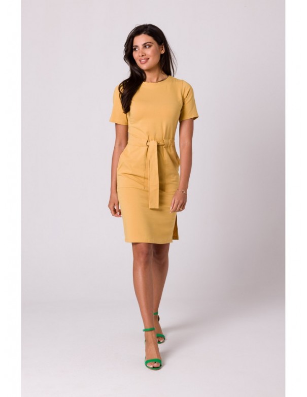 B263 Cotton dress with patch pockets - honey