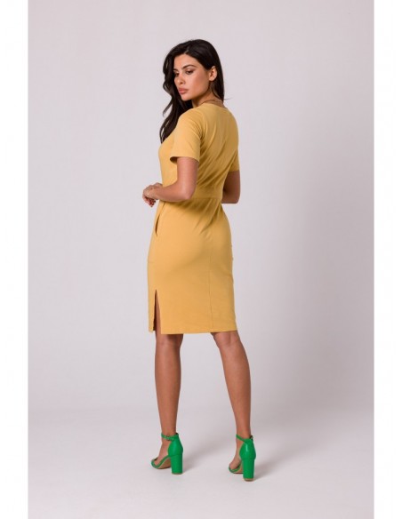 B263 Cotton dress with patch pockets - honey