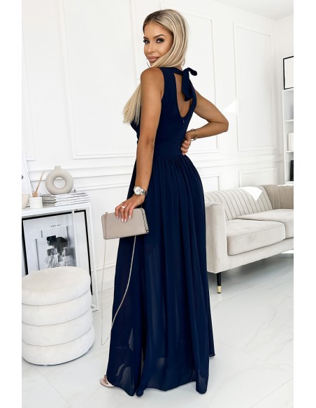  362-7 JUSTINE Long dress with a neckline and a tie - navy blue 