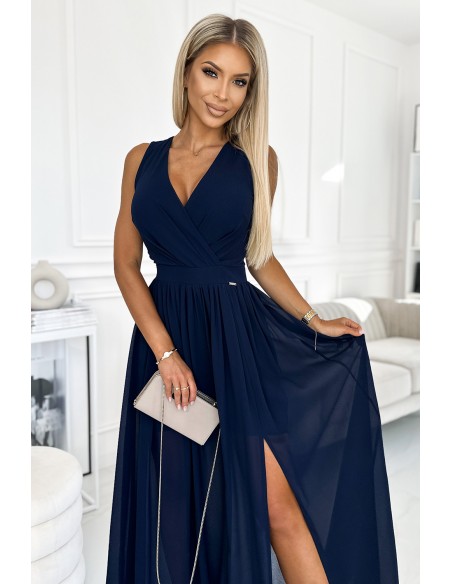  362-7 JUSTINE Long dress with a neckline and a tie - navy blue 