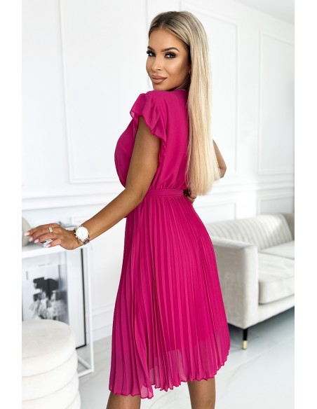  417-1 Pleated dress with a neckline and frills on the shoulders - fuchsia 