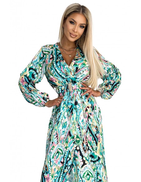  423-1 Dress with a belt, a golden buckle and a neckline - green and blue pattern 
