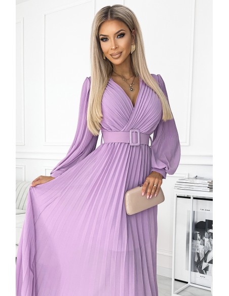  414-6 KLARA pleated dress with a belt and a neckline - lilac color 