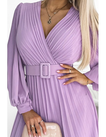  414-6 KLARA pleated dress with a belt and a neckline - lilac color 