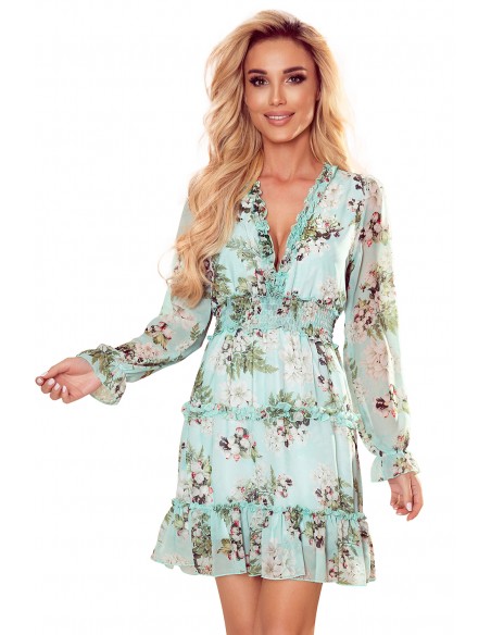  421-2 Chiffon dress with frills and a wide elastic band - flowers on a green background 
