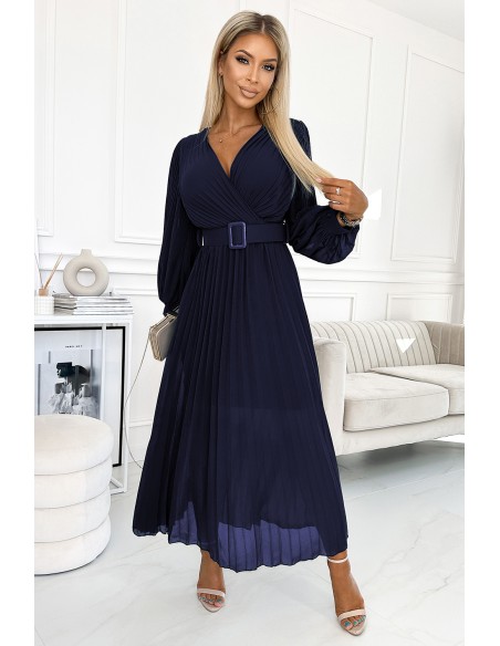  414-7 KLARA pleated dress with a belt and a neckline - navy blue 