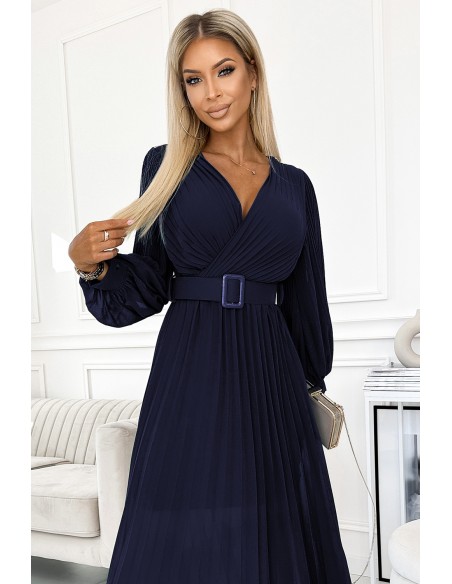  414-7 KLARA pleated dress with a belt and a neckline - navy blue 