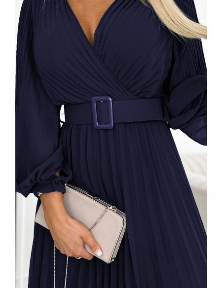  414-7 KLARA pleated dress with a belt and a neckline - navy blue 