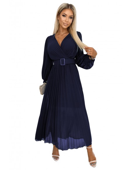  414-7 KLARA pleated dress with a belt and a neckline - navy blue 