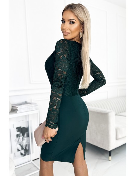  437-1 Elegant pencil dress with lace neckline - green 