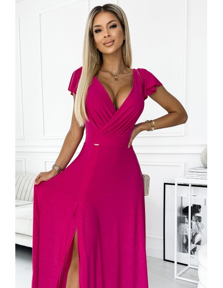  411-5 CRYSTAL long shimmering dress with a neckline - fuchsia 