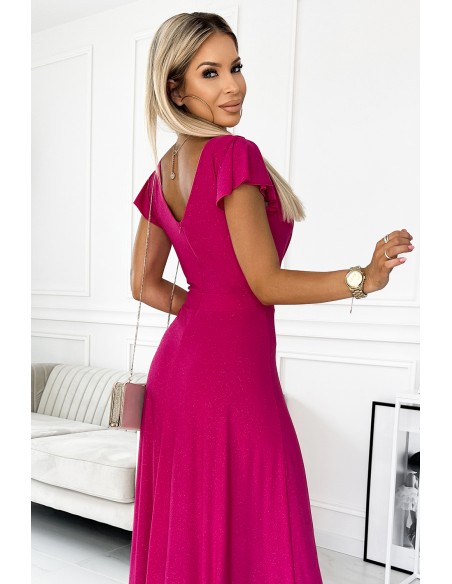  411-5 CRYSTAL long shimmering dress with a neckline - fuchsia 
