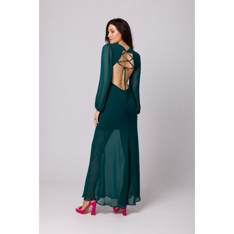 K166 Chiffon dress with open back - bottle green