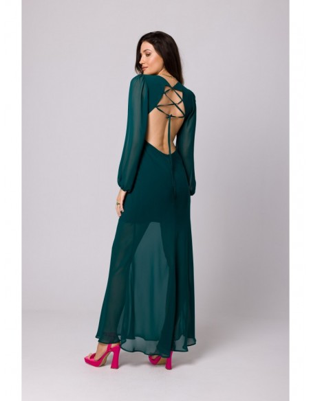 K166 Chiffon dress with open back - bottle green