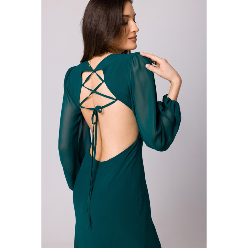 K166 Chiffon dress with open back - bottle green 2