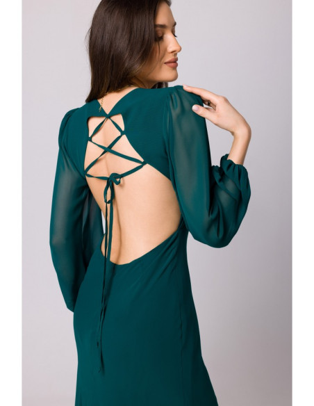 K166 Chiffon dress with open back - bottle green