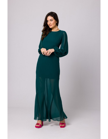 K166 Chiffon dress with open back - bottle green