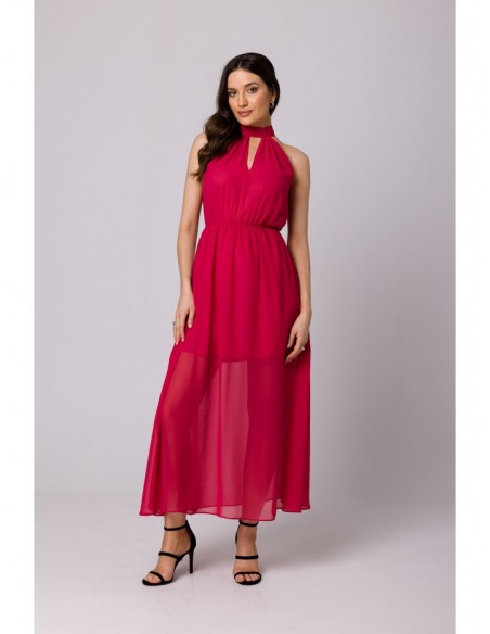 K169 Chiffon dress with a tie neck - fuchsia