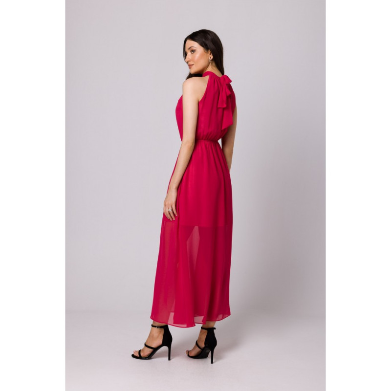 K169 Chiffon dress with a tie neck - fuchsia 2