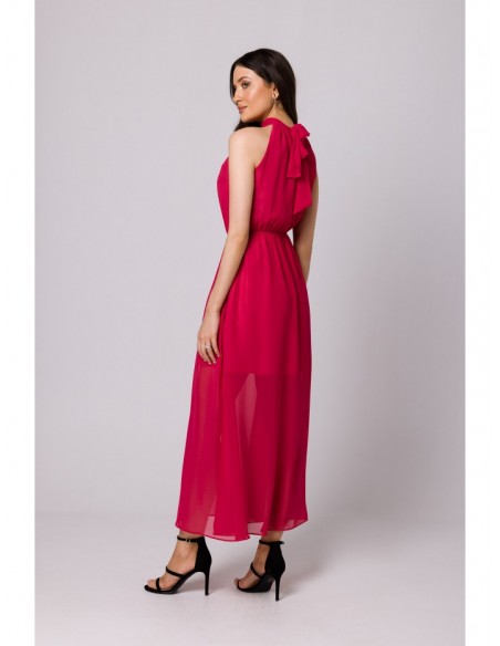 K169 Chiffon dress with a tie neck - fuchsia