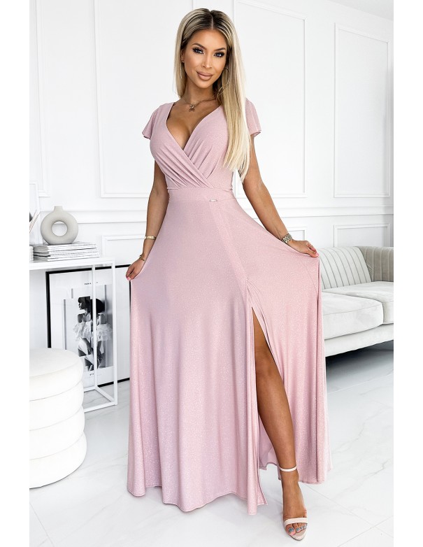  411-6 CRYSTAL long shimmering dress with a neckline - dirty pink 