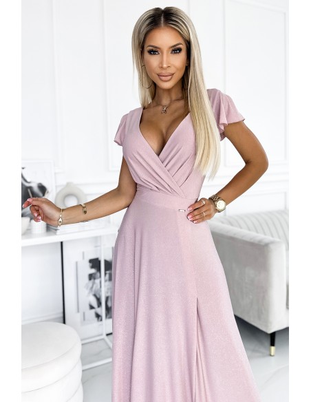  411-6 CRYSTAL long shimmering dress with a neckline - dirty pink 