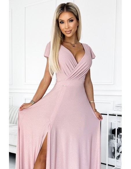  411-6 CRYSTAL long shimmering dress with a neckline - dirty pink 