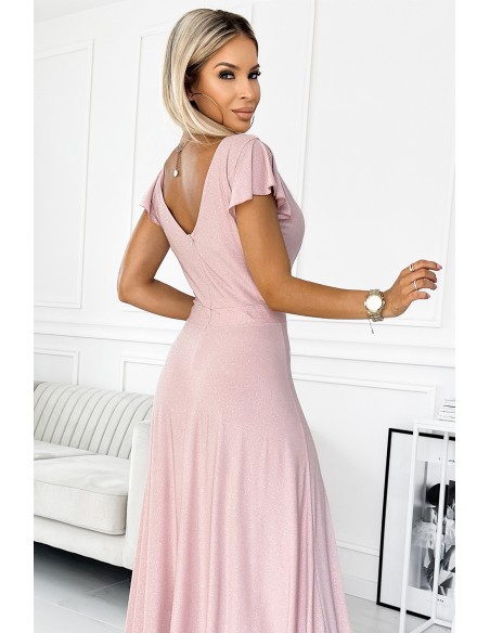  411-6 CRYSTAL long shimmering dress with a neckline - dirty pink 