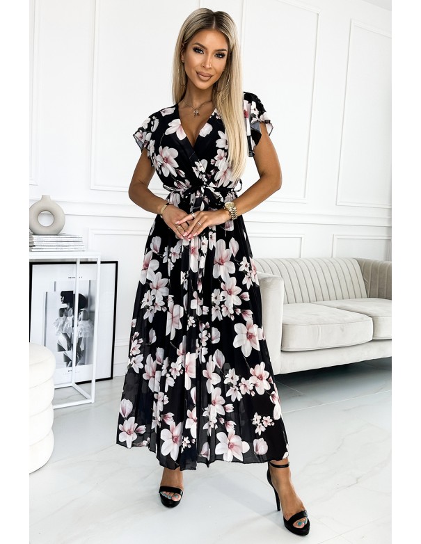  434-1 LISA Pleated midi dress with a neckline and frills - peach blossom on a black background 