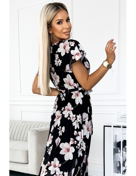  434-1 LISA Pleated midi dress with a neckline and frills - peach blossom on a black background 