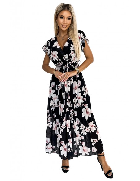  434-1 LISA Pleated midi dress with a neckline and frills - peach blossom on a black background 