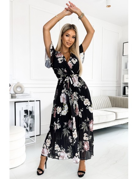  434-2 LISA Pleated midi dress with a neckline and frills - spring flowers on a black background 