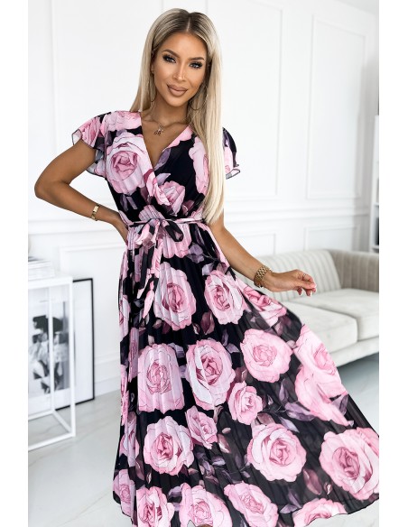  434-3 LISA Pleated midi dress with a neckline and frills - large roses on a black background 