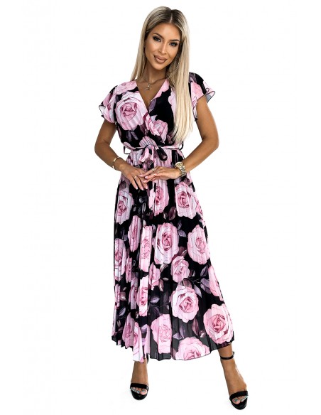  434-3 LISA Pleated midi dress with a neckline and frills - large roses on a black background 
