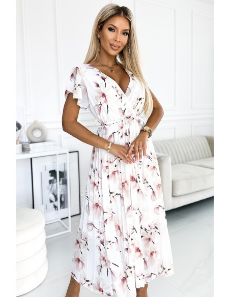  434-4 LISA Pleated midi dress with a neckline and frills - peach blossom on a white background 