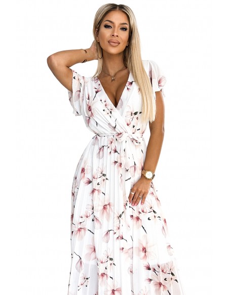  434-4 LISA Pleated midi dress with a neckline and frills - peach blossom on a white background 