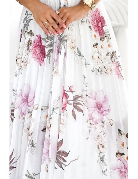  434-6 LISA Pleated midi dress with a neckline and frills - spring flowers on a white background 