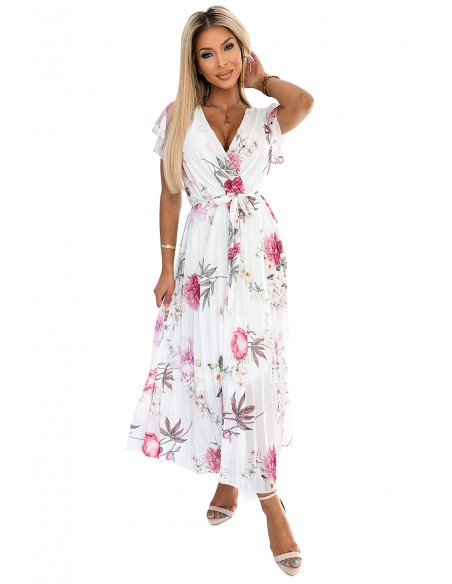  434-6 LISA Pleated midi dress with a neckline and frills - spring flowers on a white background 