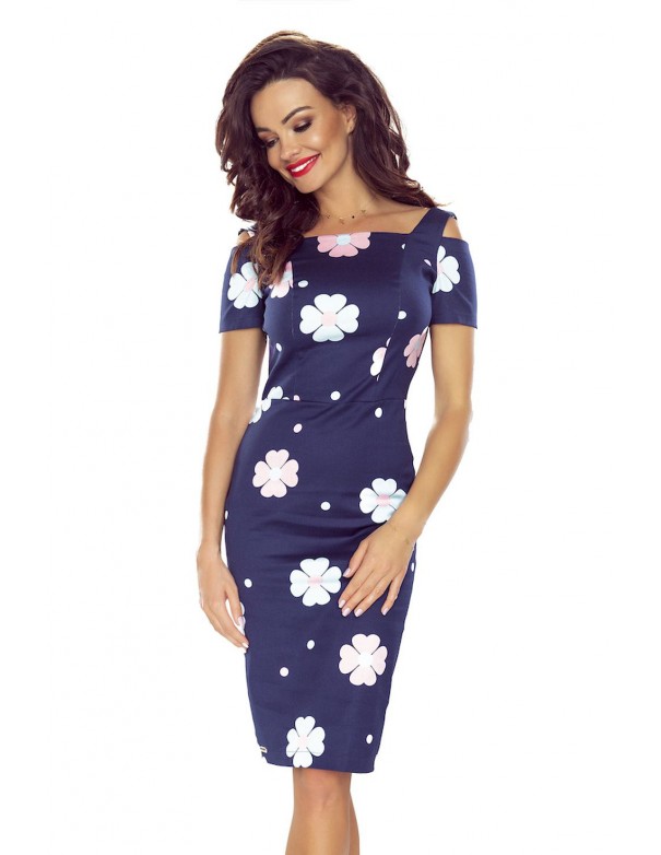  440-3 Elegant dress with short sleeves - dark blue with flowers 