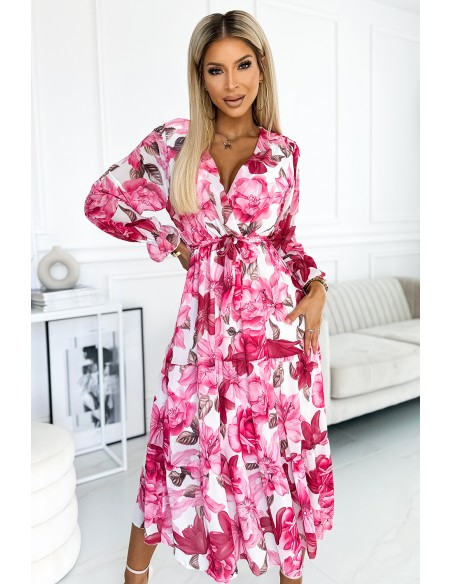  436-1 VALENTINA Midi dress with a neckline and a belt - pink roses on a white background 