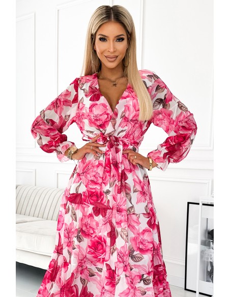  436-1 VALENTINA Midi dress with a neckline and a belt - pink roses on a white background 